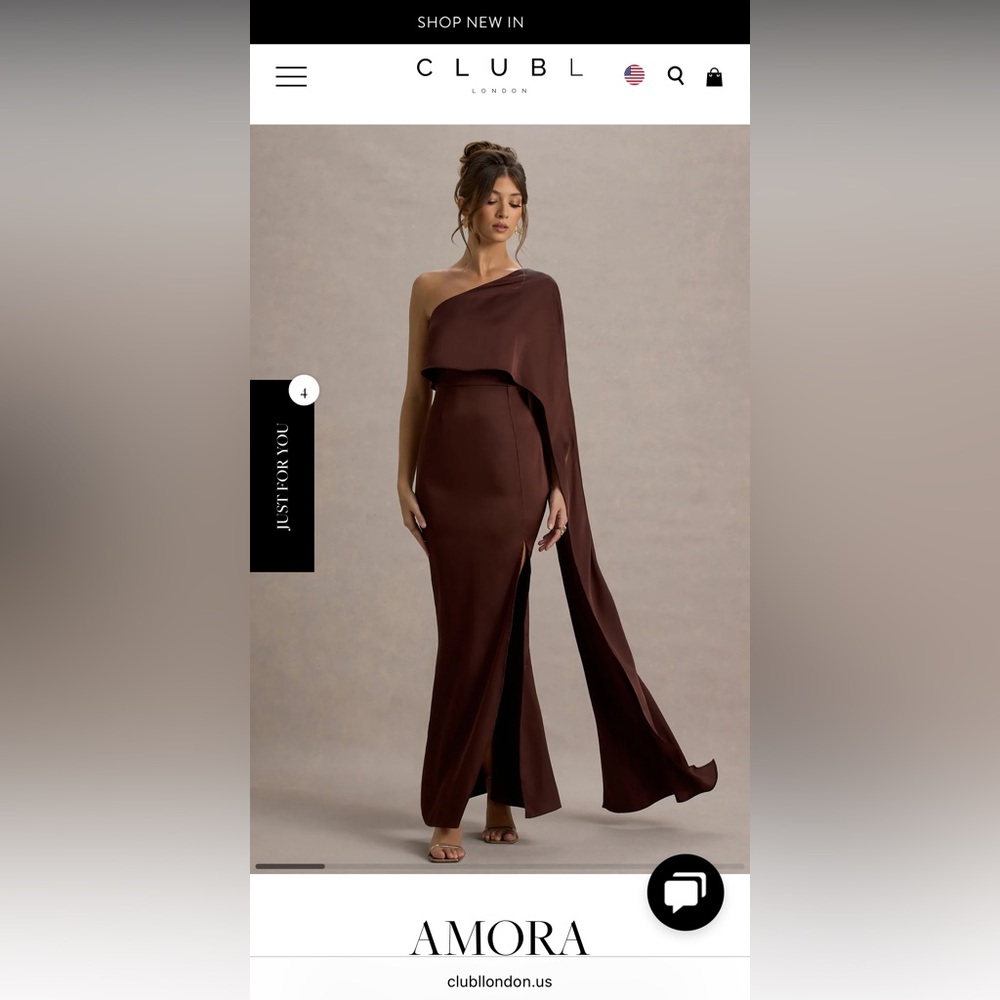 Club L London asymmetrical brown satin cape-sleeve Amora gown